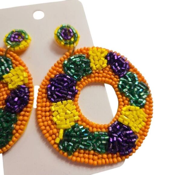 Mardi Gras Beaded King Cake Earrings Fat Tuesday Carnival - Picture 2 of 3